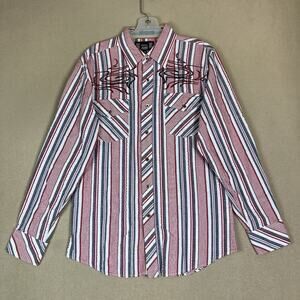 Fusai Jeans Shirt Mens M Red Striped Long‎ Sleeve Embroidered Western Button Up